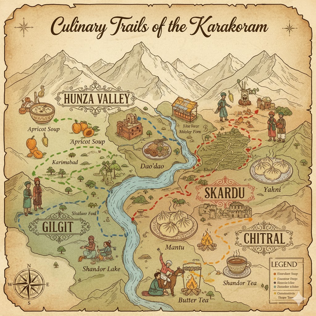 Map illustration showing culinary trails through Hunza, Gilgit, Skardu, and Chitral.