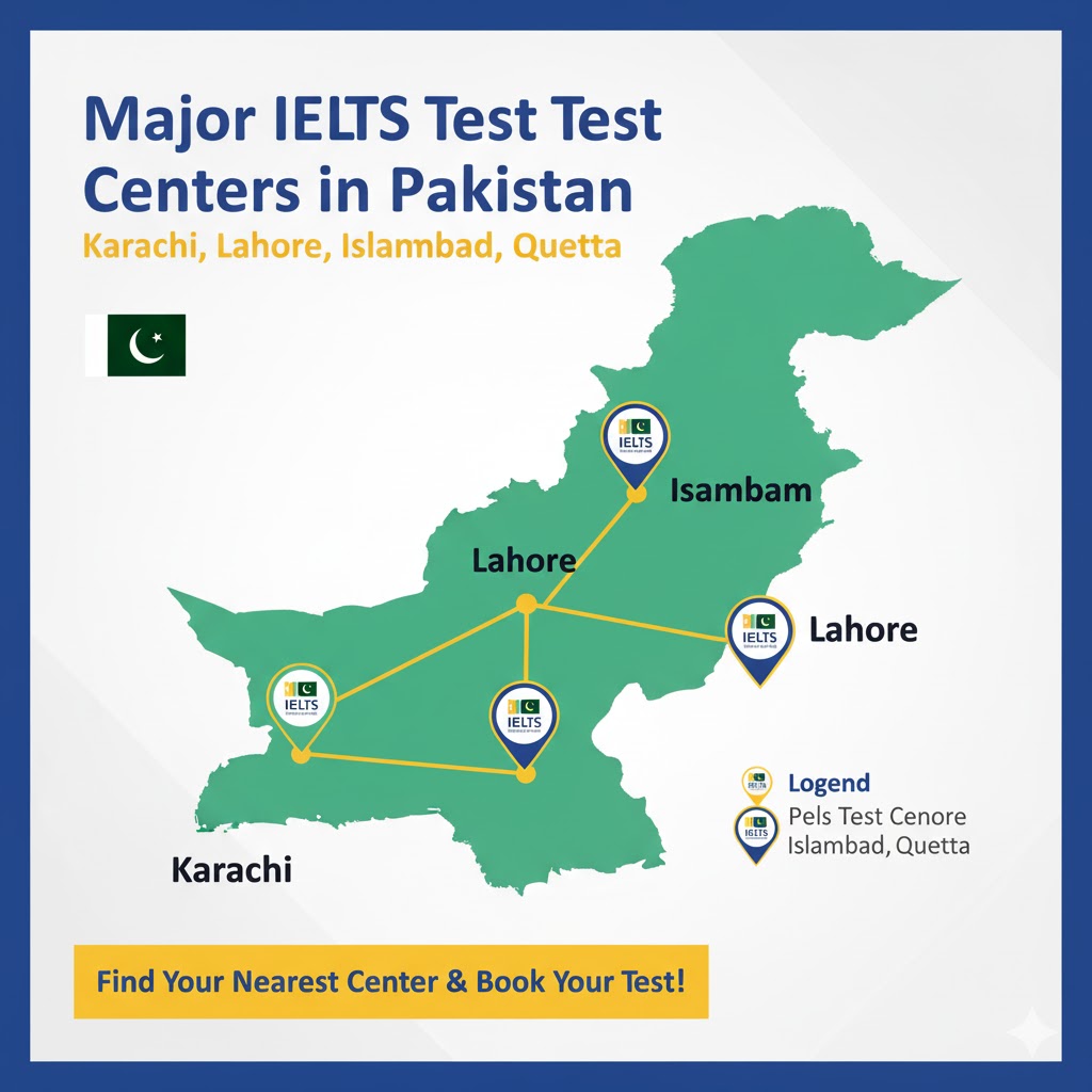 Map of Pakistan showing major IELTS centers in Karachi, Lahore, Islamabad, and Quetta.