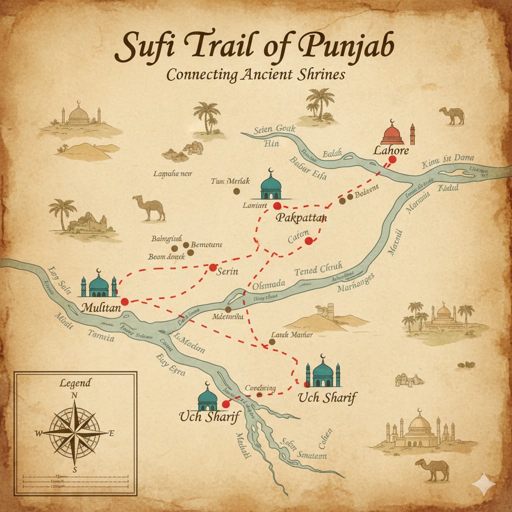 Map of Sufi trail connecting Multan, Uch Sharif, Pakpattan, and Lahore Map of Sufi trail connecting Multan, Uch Sharif, Pakpattan, and Lahore