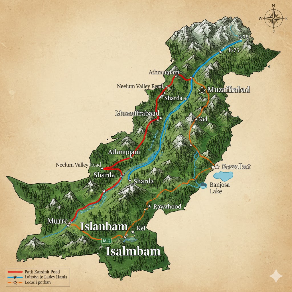 Map of routes leading from Islamabad to Muzaffarabad, Neelum Valley, and Rawalakot