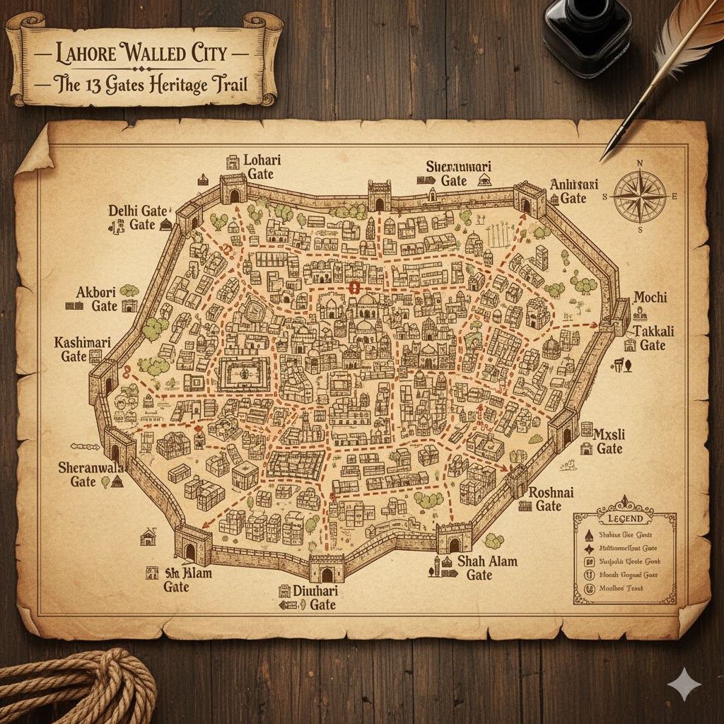 Map showing 13 gates of the Lahore Walled City with heritage trail lines