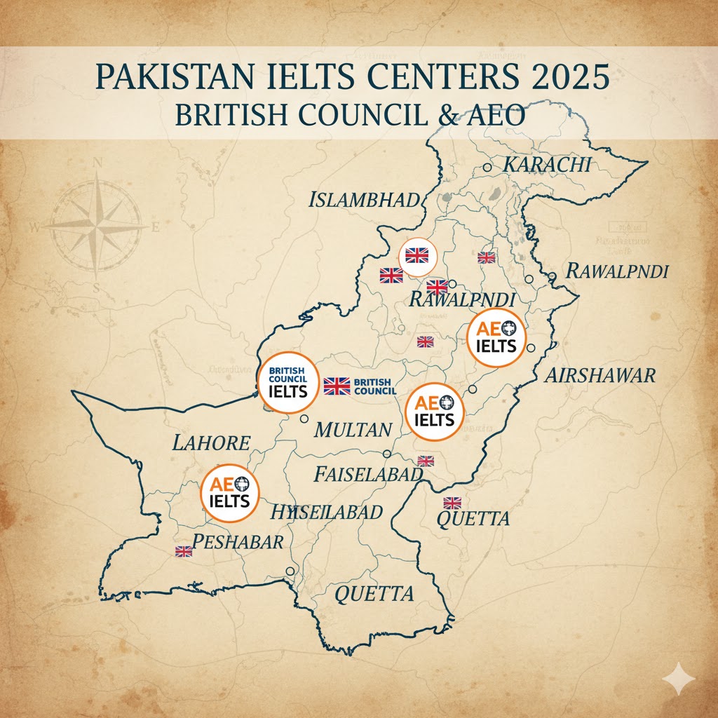 Map showing British Council and AEO IELTS centers across Pakistan 2025