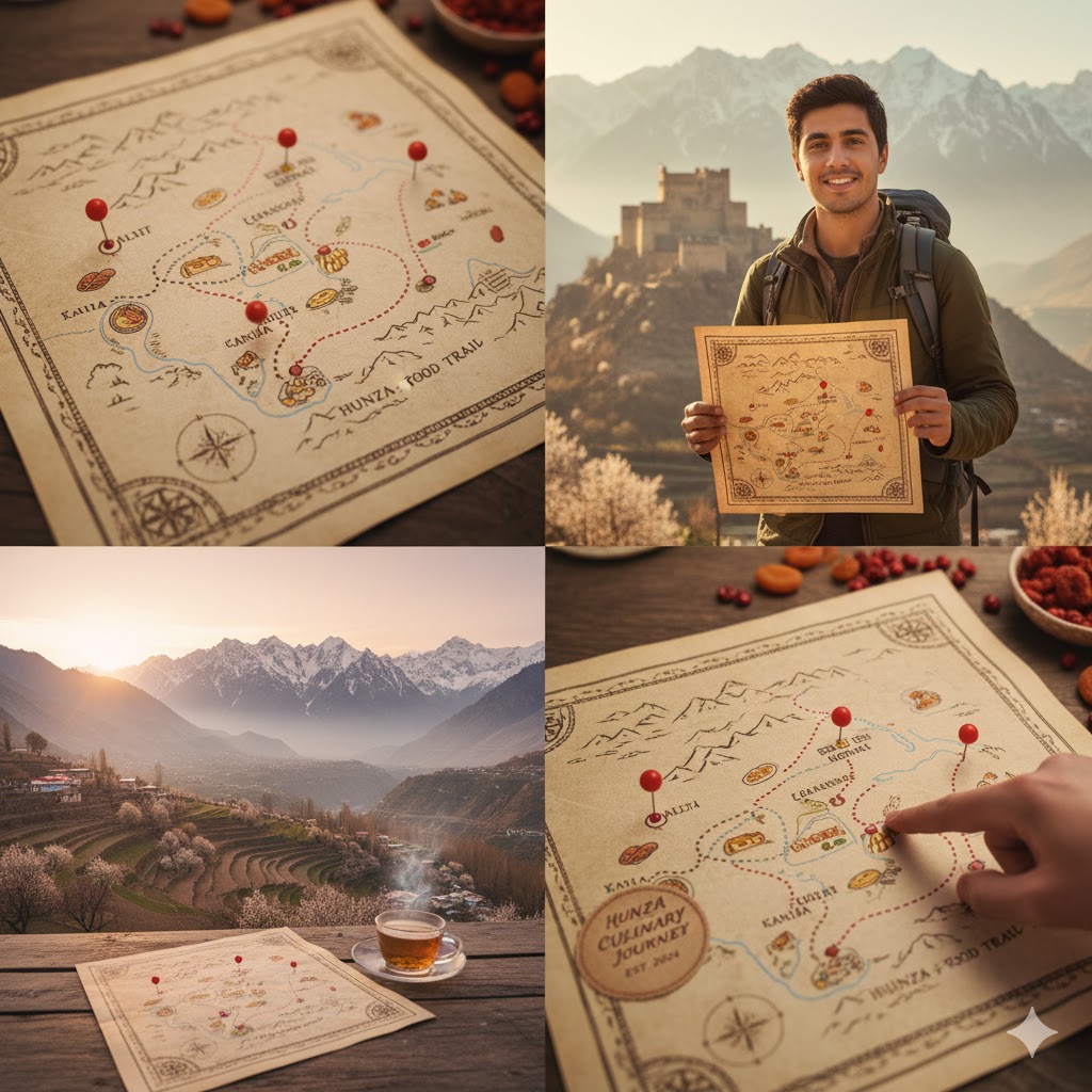 Map showing Hunza Food Trail with Altit, Karimabad, and Ganish marked.