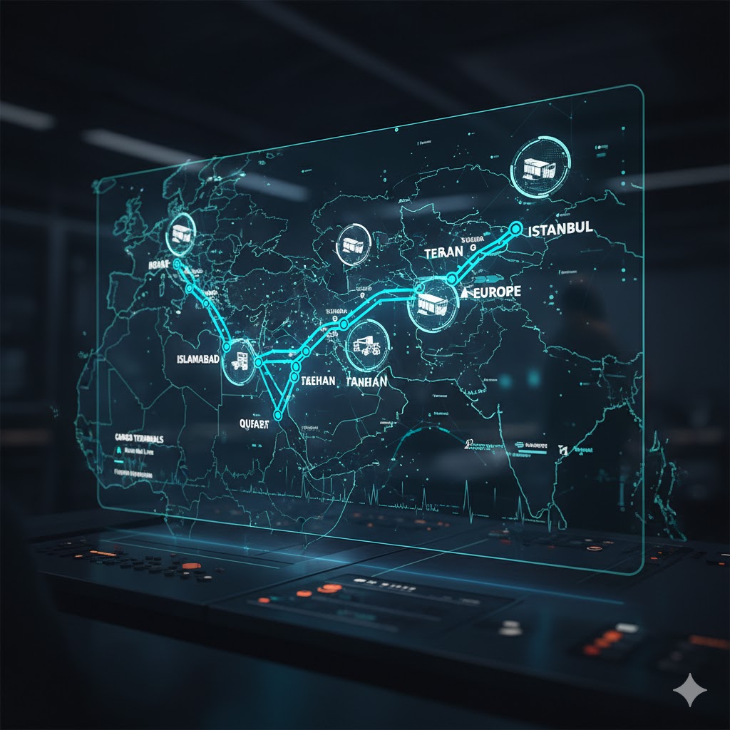 Map showing Islamabad–Tehran–Istanbul rail corridor with connection points and cargo terminals.