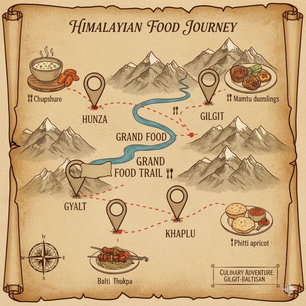 Map showing food trail through Hunza, Gilgit, Skardu, and Khaplu.