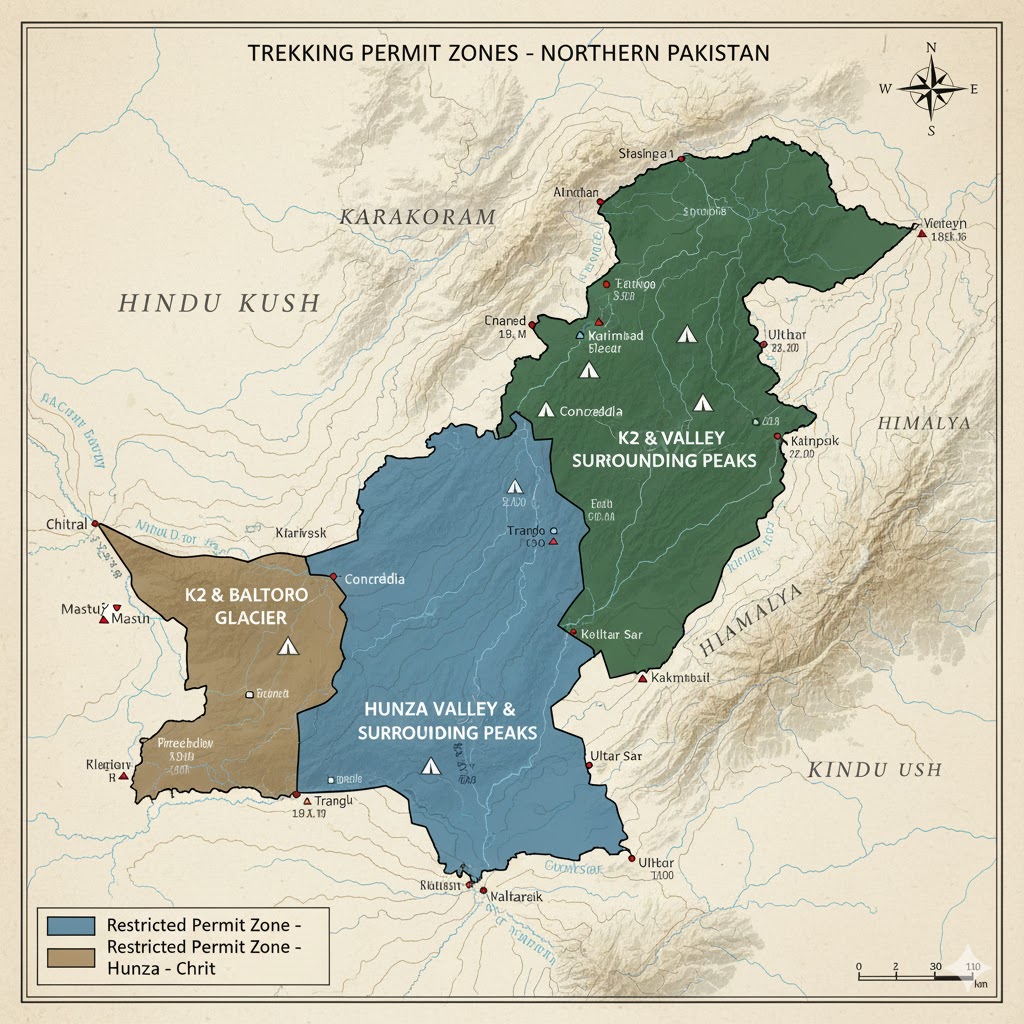 Map showing trekking permit zones in Pakistan including K2, Baltoro, Hunza, and Chitral