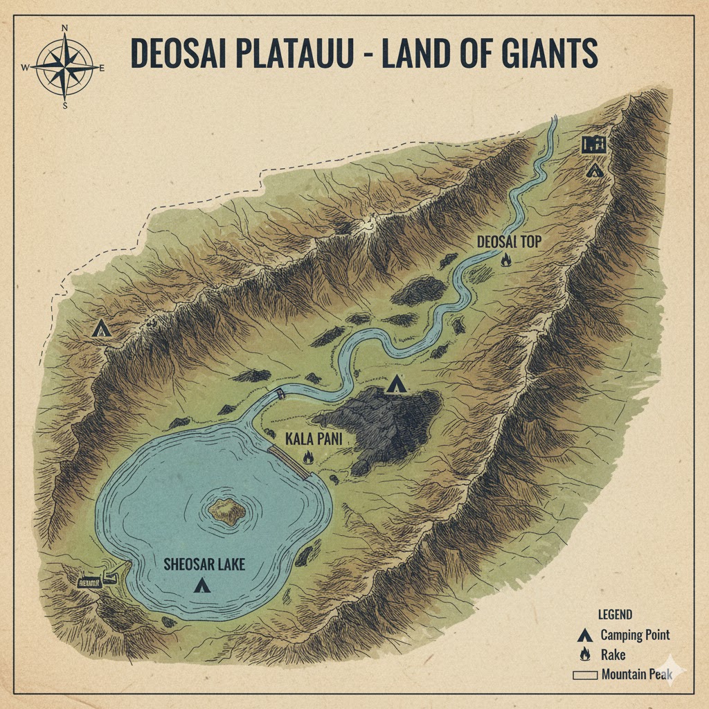 Map-style view showing major camping points Sheosar Lake, Bara Pani, Kala Pani, and Deosai Top. Map-style view showing major camping points Sheosar Lake, Bara Pani, Kala Pani, and Deosai Top.