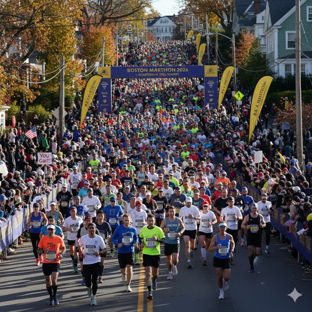 Marathon runners crossing Heartbreak Hill with cheering crowds during Boston Marathon 2026.