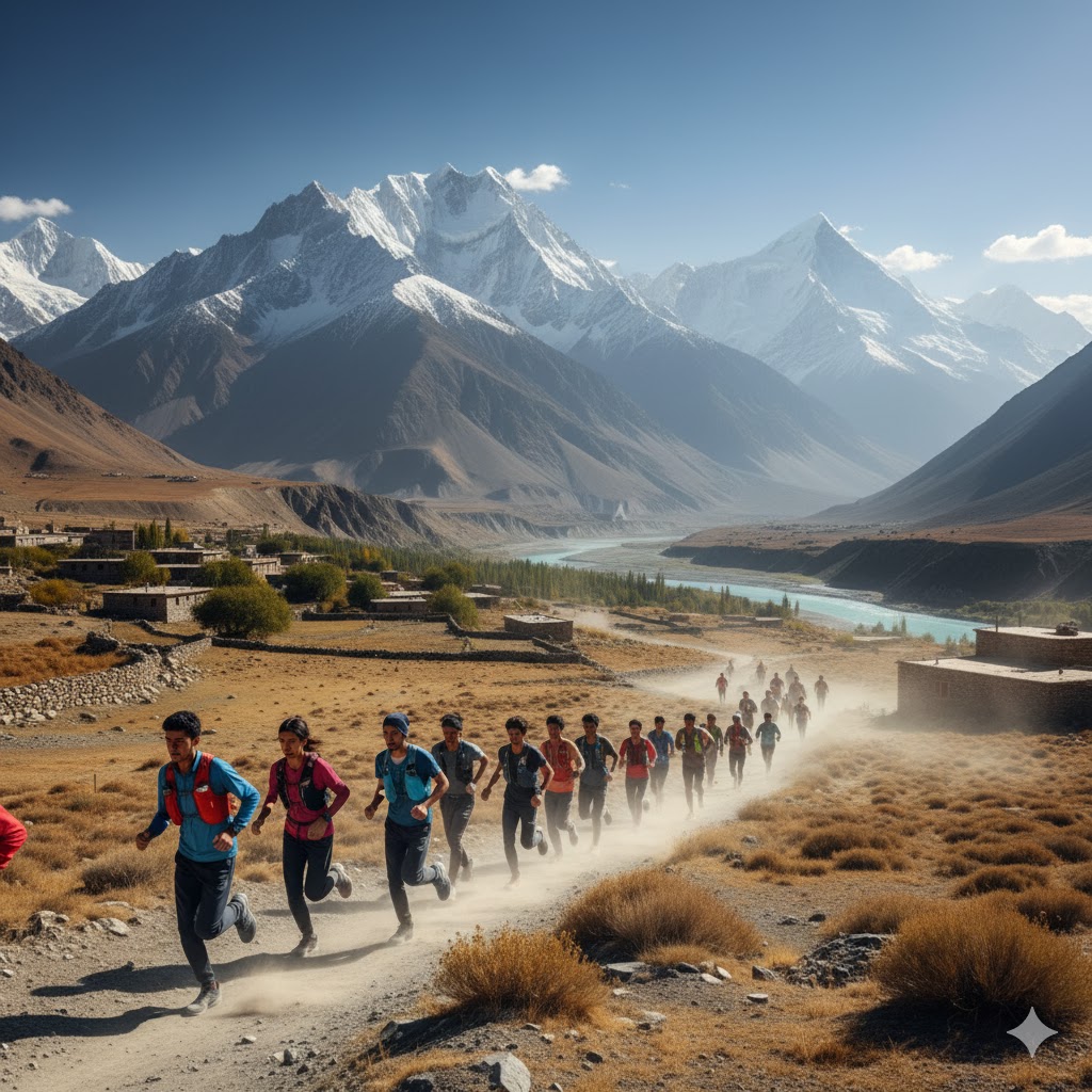 Marathon runners crossing Shigar Valley trail in Skardu.