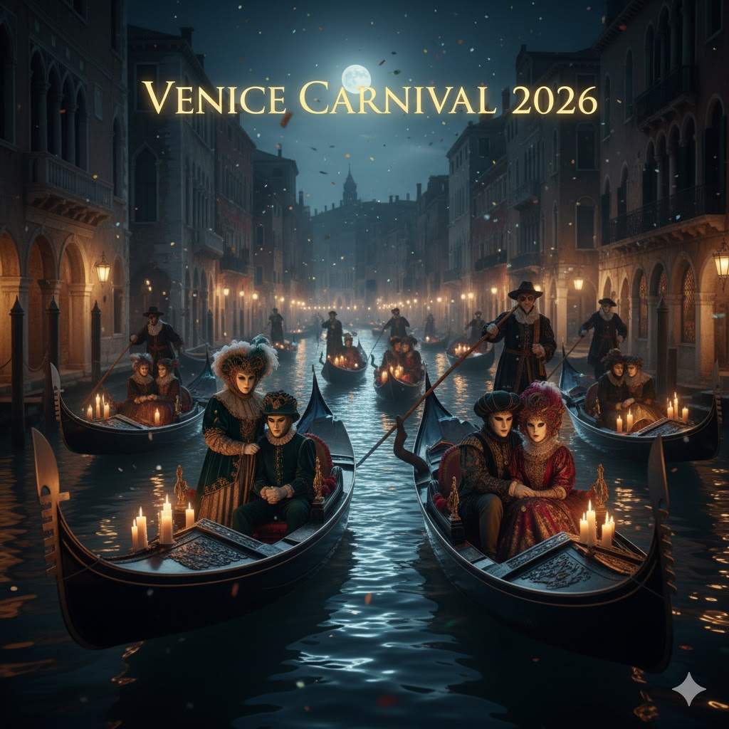 Masked couples on gondolas during Venice Carnival 2026