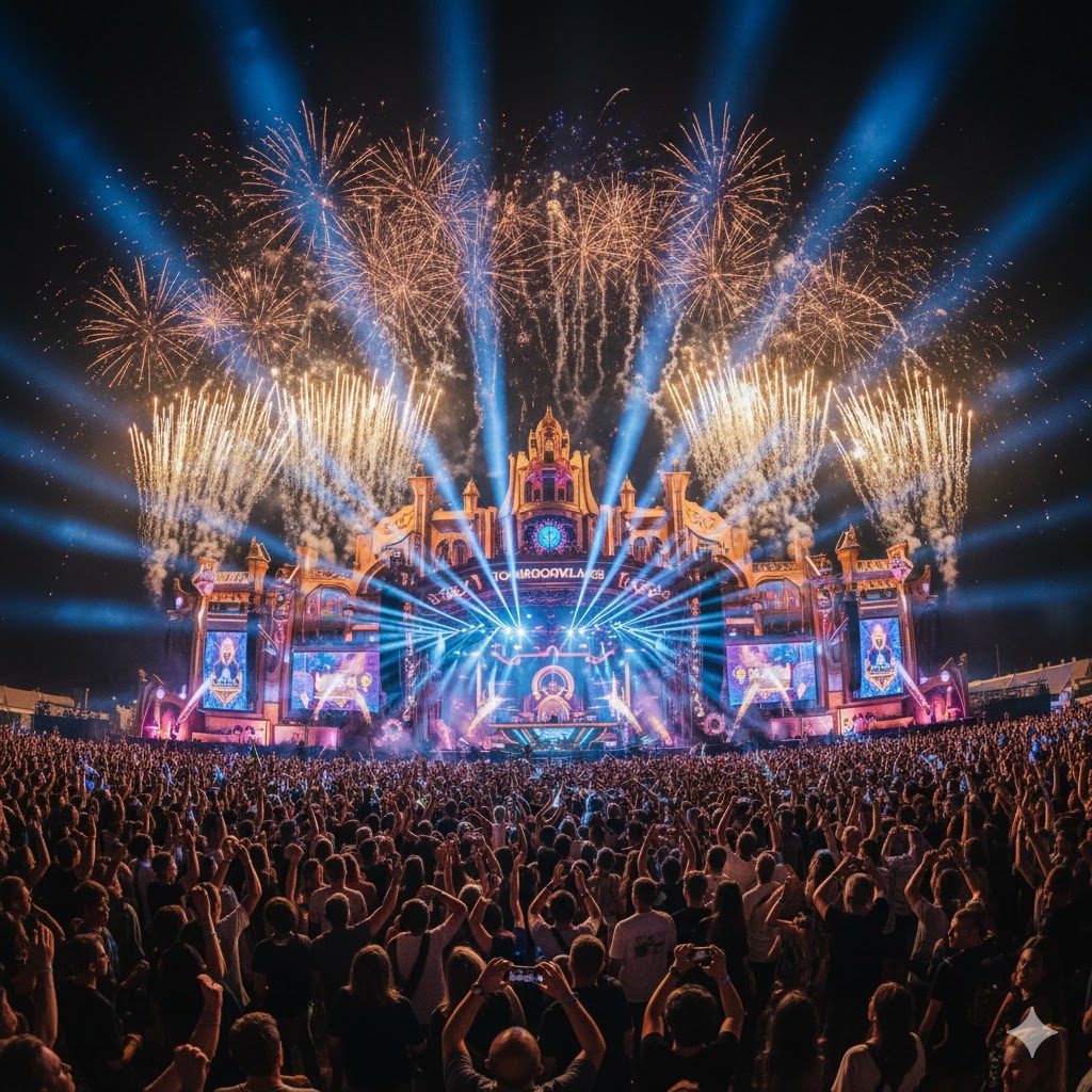 Massive crowd under glowing lights and stage fireworks at Tomorrowland 2026 Belgium