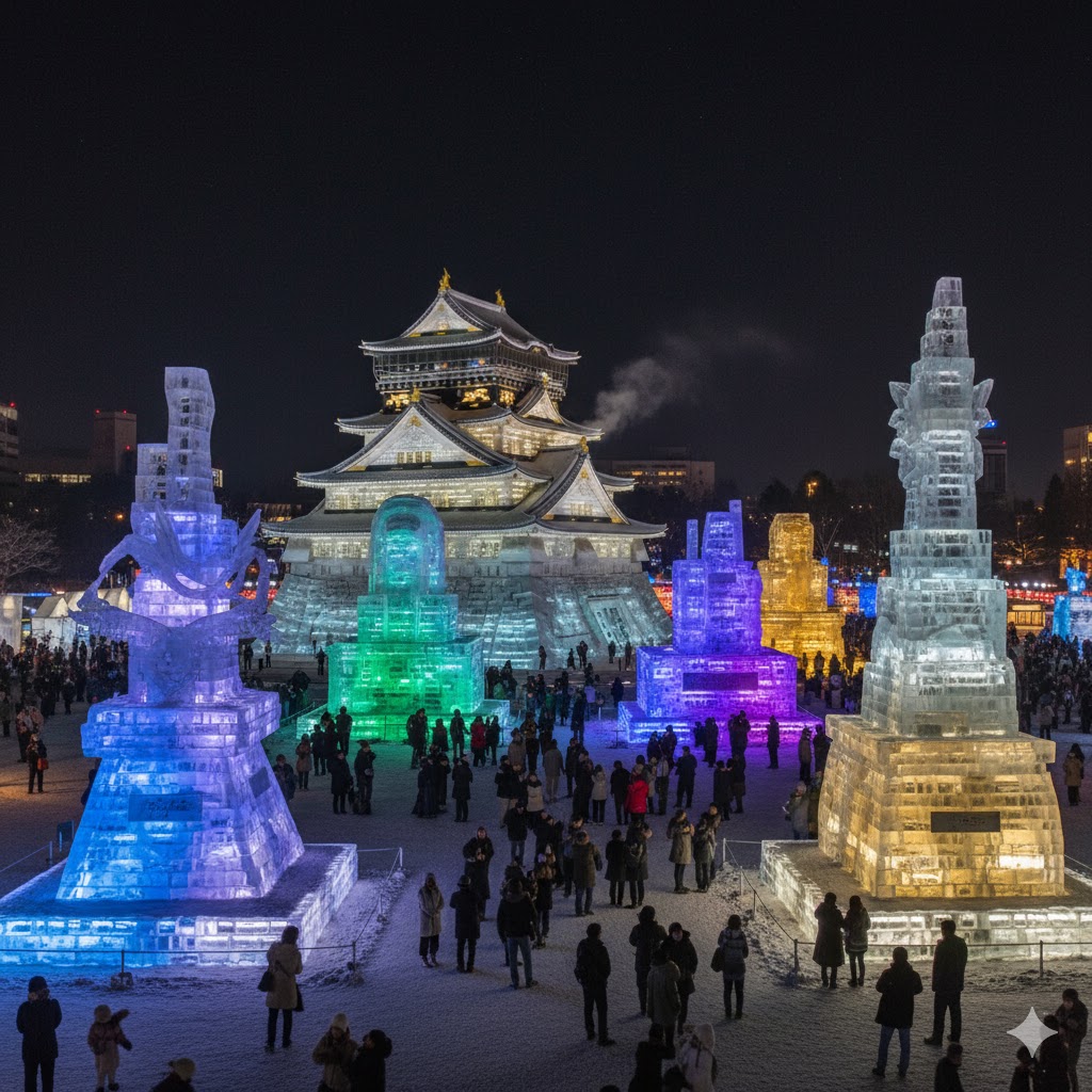 Massive ice sculptures lit up at night during Japan’s Sapporo Snow Festival