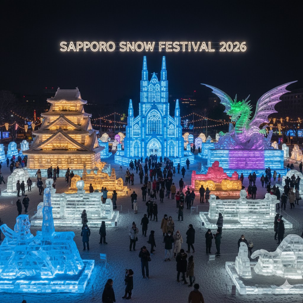 Massive ice sculptures lit up during the Sapporo Snow Festival 2026