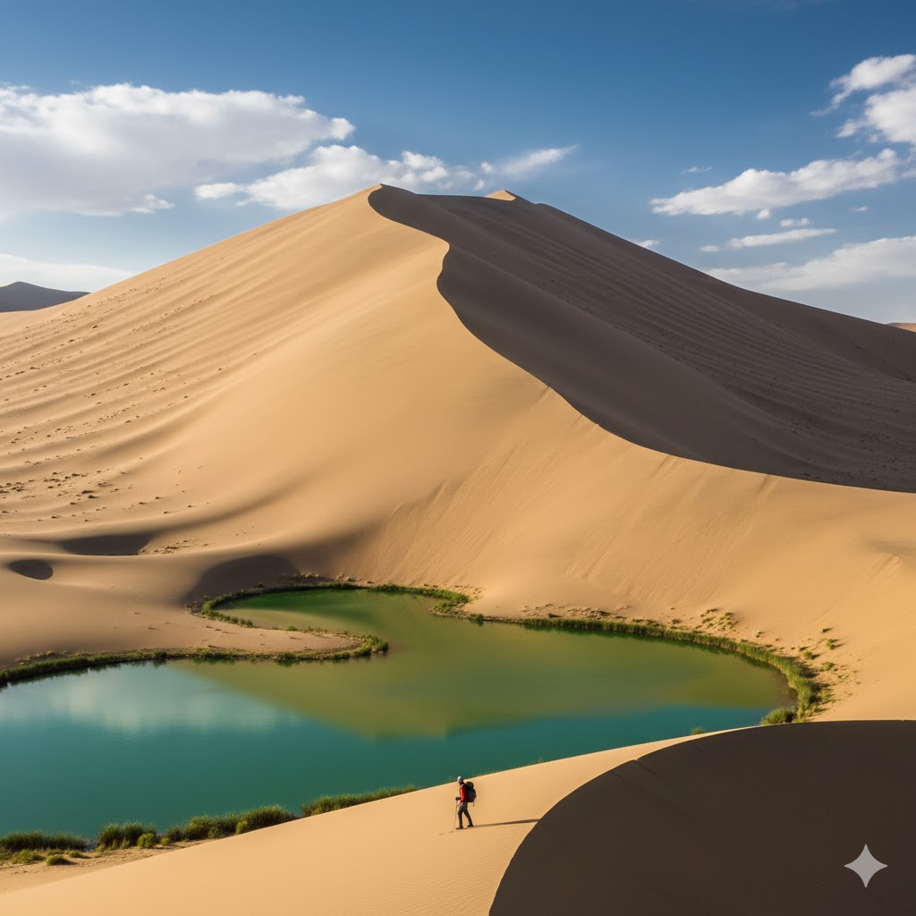 Massive sand dune rising above emerald desert lakes in Badain Jaran, China. Massive sand dune rising above emerald desert lakes in Badain Jaran, China.