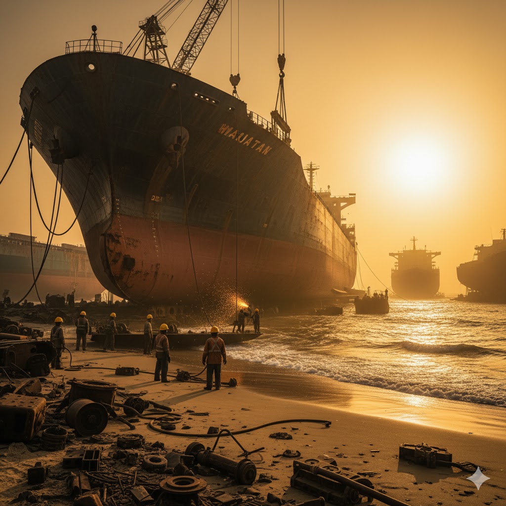Massive ship being dismantled at Gaddani ship-breaking yard under golden sunlight.