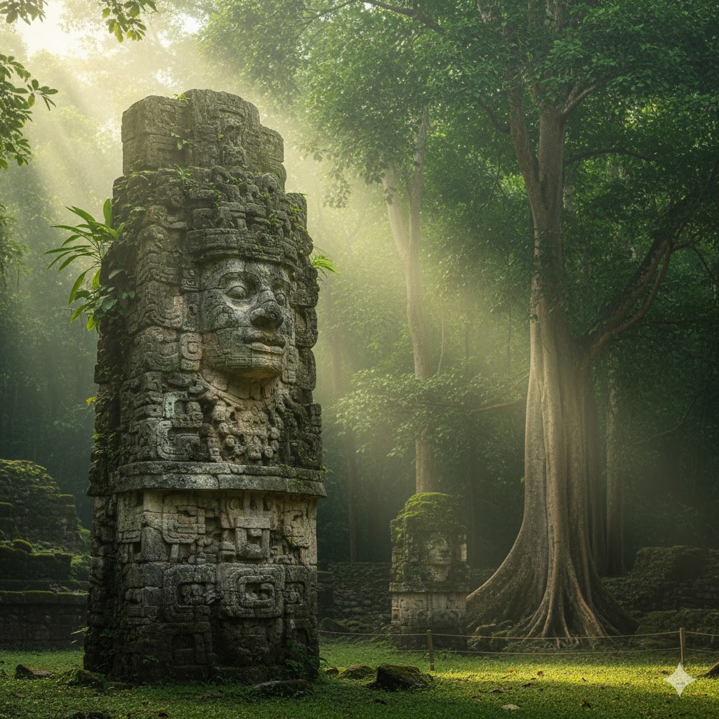 Mayan stelae among jungle trees at Copán ruins, Honduras