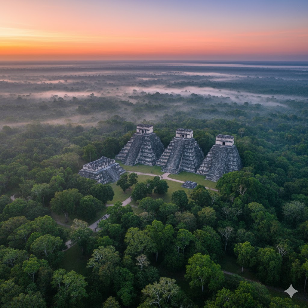 Mayan temples emerging from jungle canopy at Tikal, Guatemala