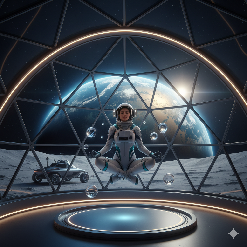 Meditation dome with astronaut practicing mindfulness under Earthrise