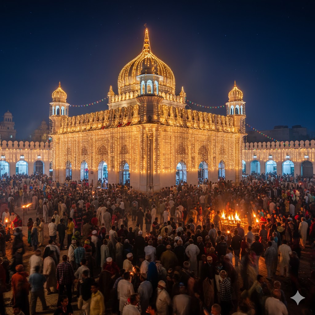Mela Chiraghan festival lights illuminating Shah Hussain’s shrine in Lahore