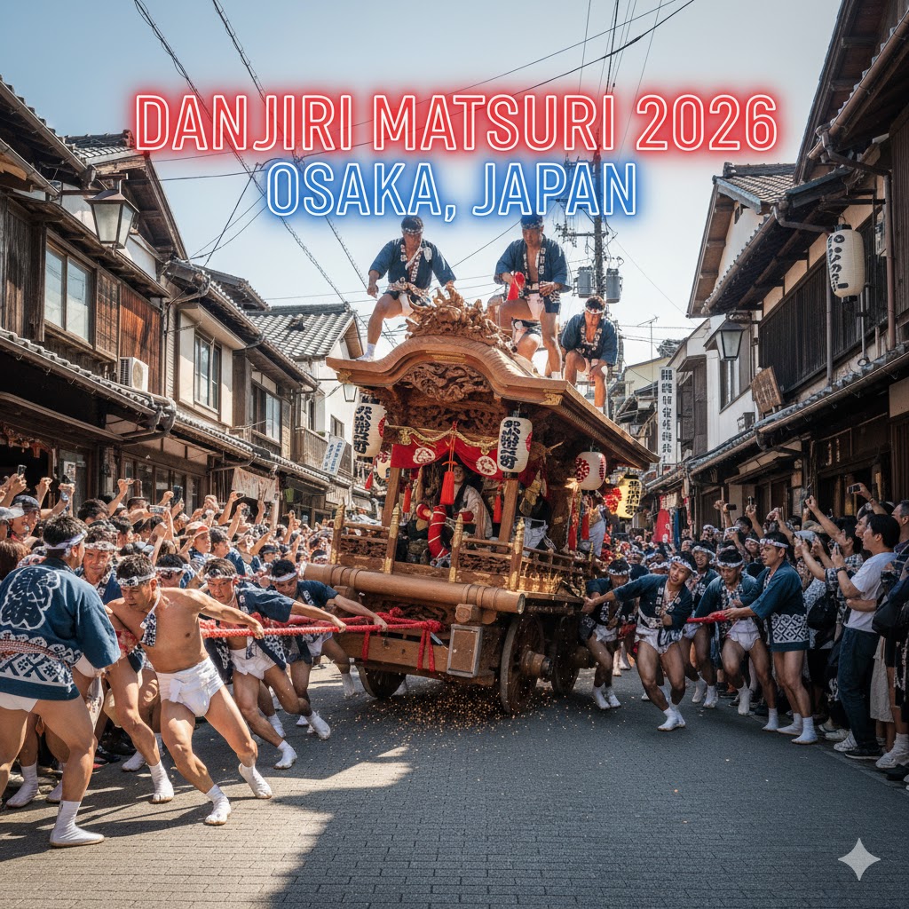 Men pulling wooden floats during Danjiri Matsuri 2026 in Osaka, Japan