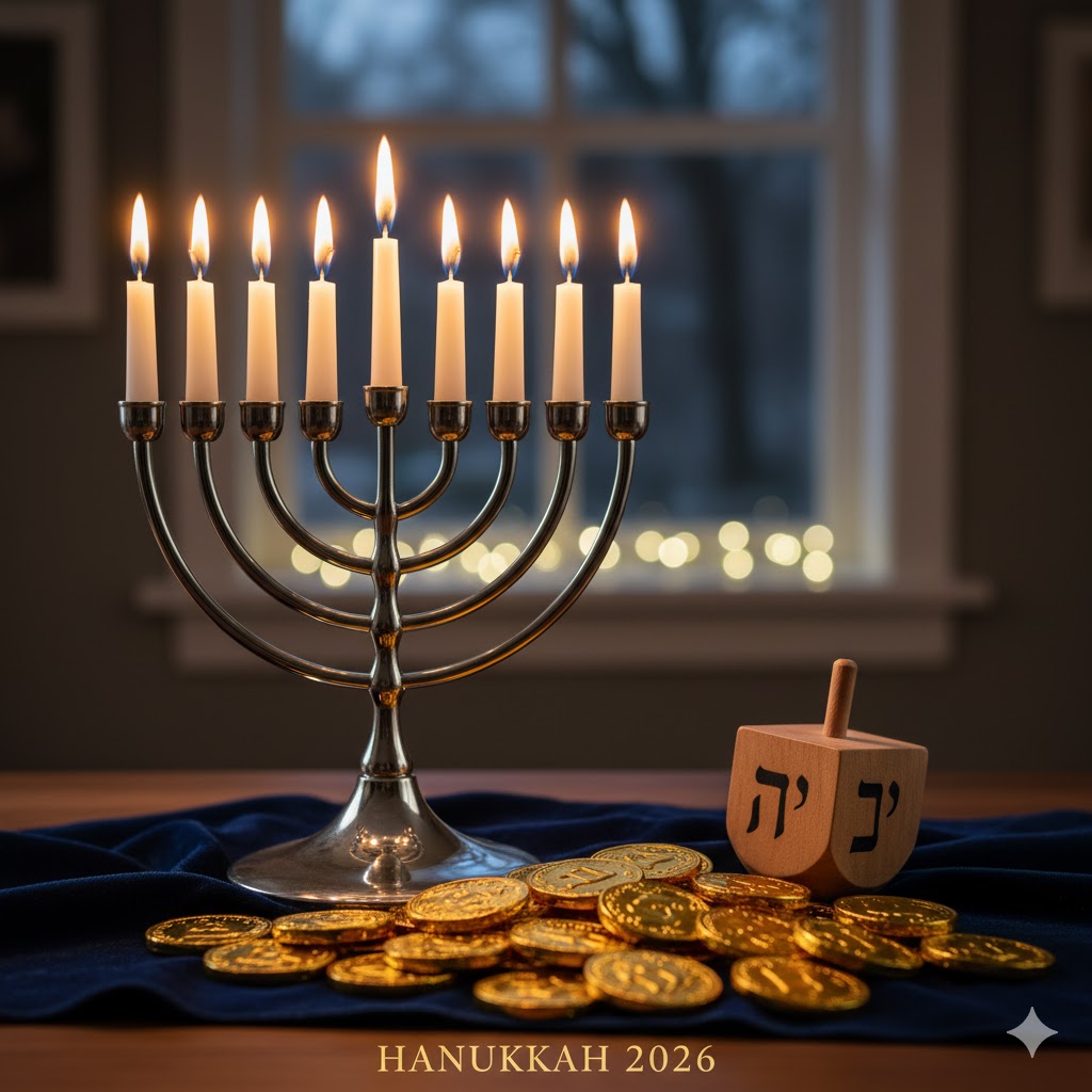 Menorah candles glowing beside dreidel and gelt coins during Hanukkah 2026