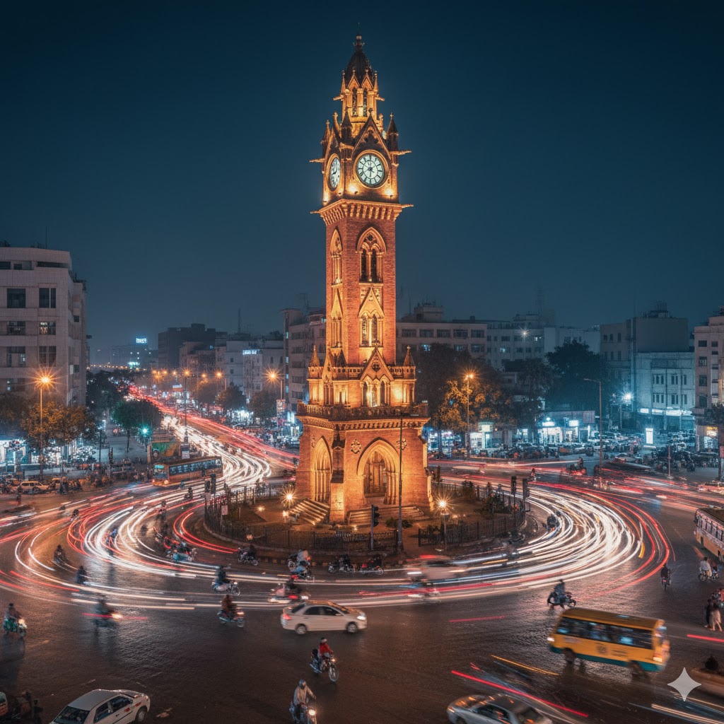 Merewether Clock Tower illuminated at night with bustling traffic around