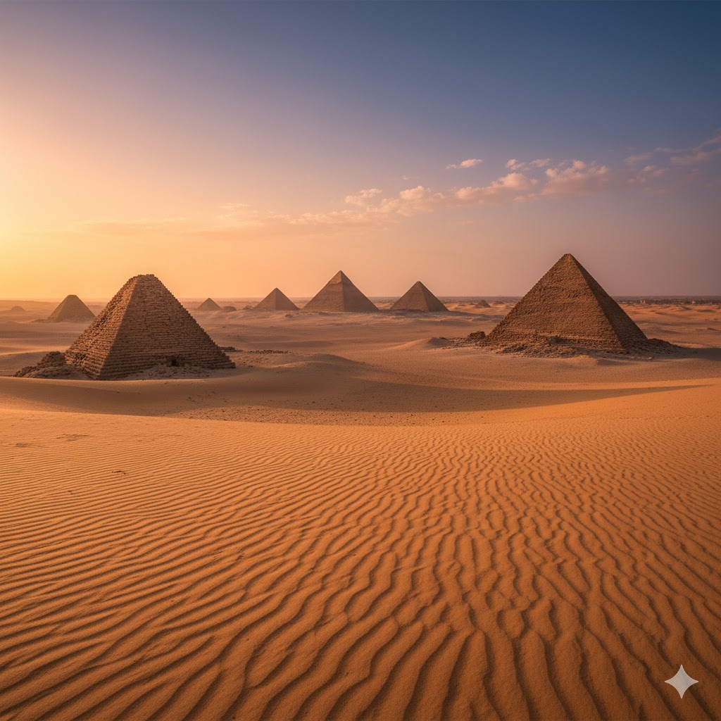 Meroë pyramids rising from golden desert sands, Sudan