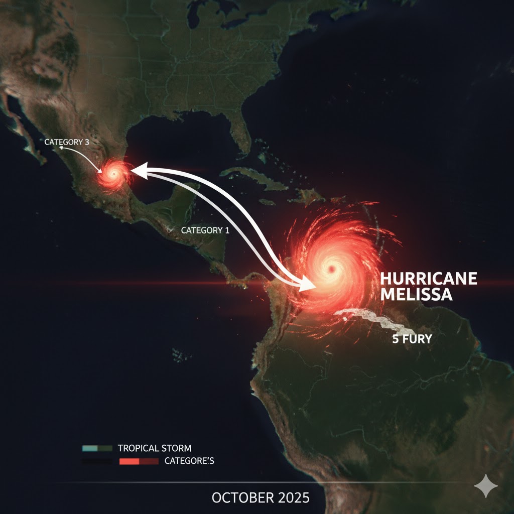 Meteorological map showing Hurricane Melissa’s rapid intensification path across the Atlantic.