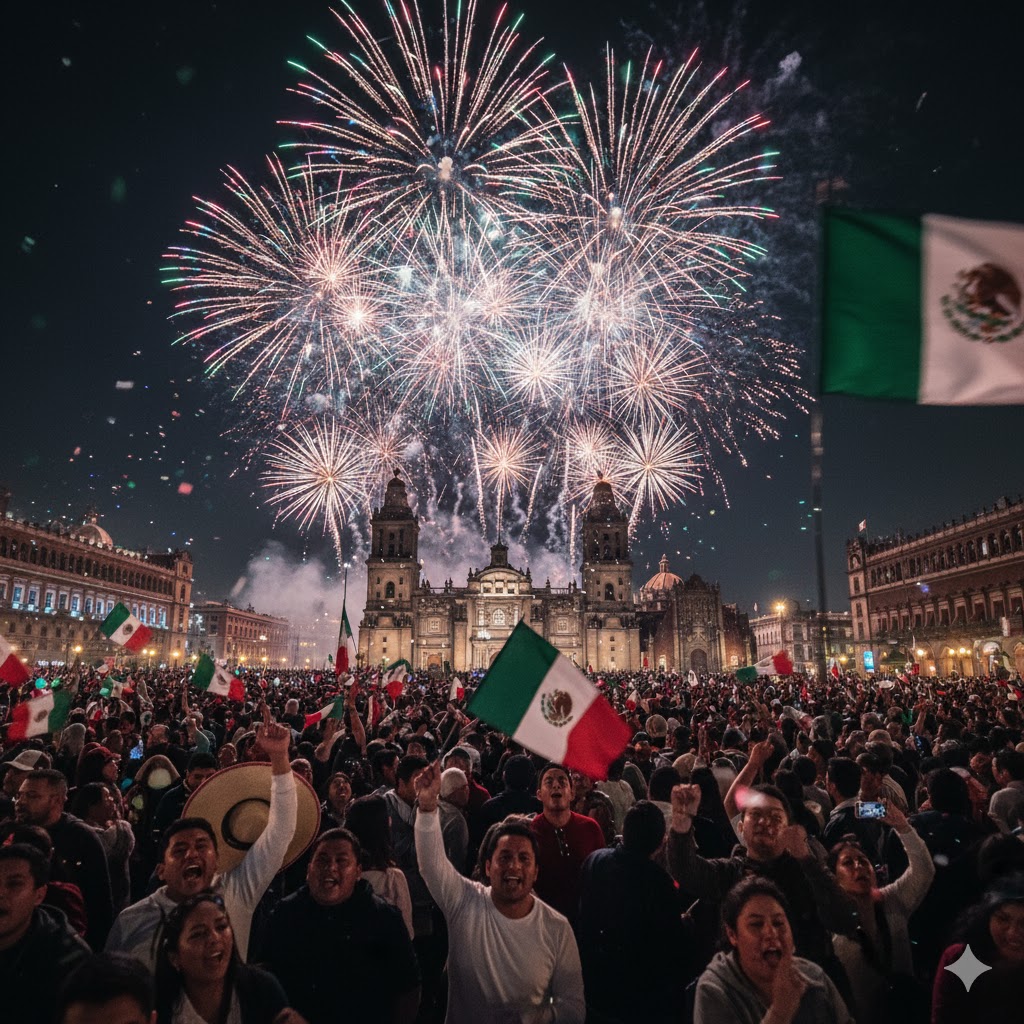 Mexican crowd waving flags during fireworks in Zócalo Square at midnight
