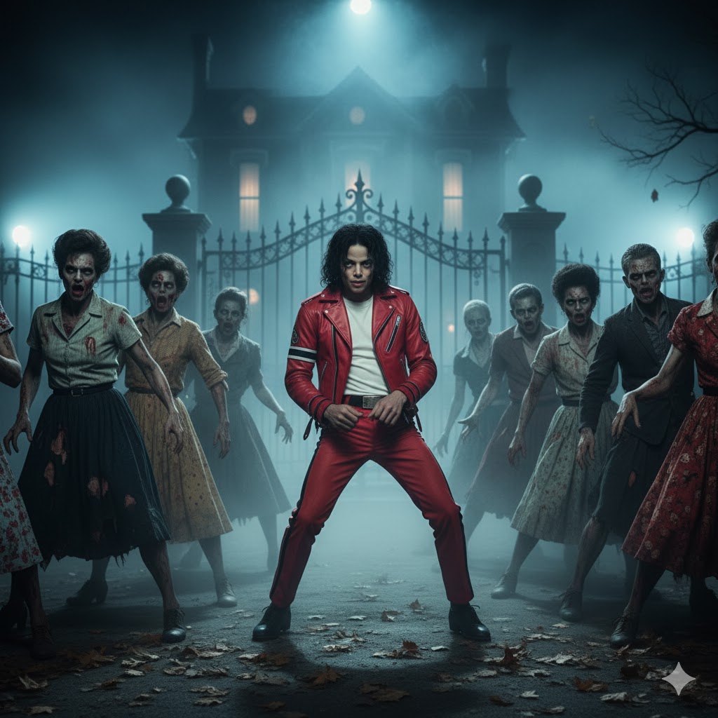 Michael Jackson in red jacket surrounded by dancers in Thriller — iconic pop culture moment