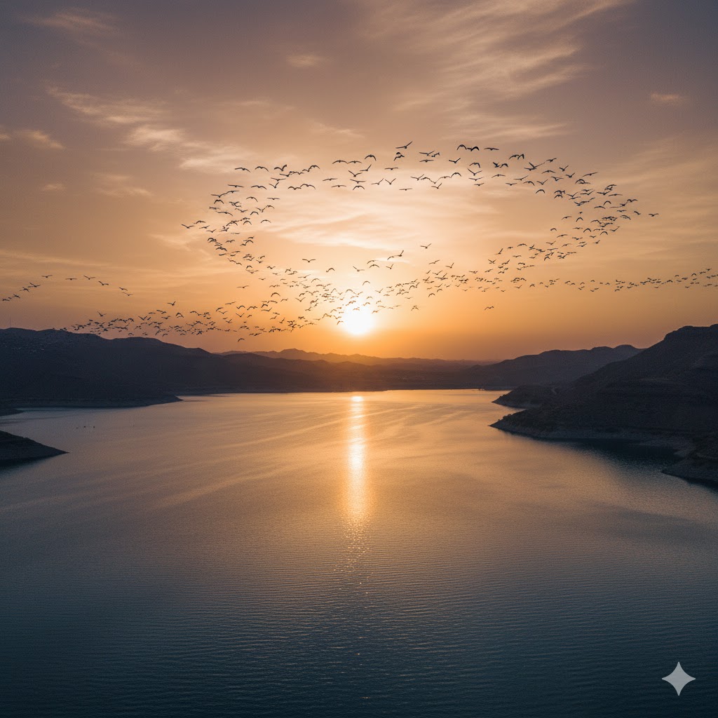 Migratory birds flying over Hub Dam during sunset.