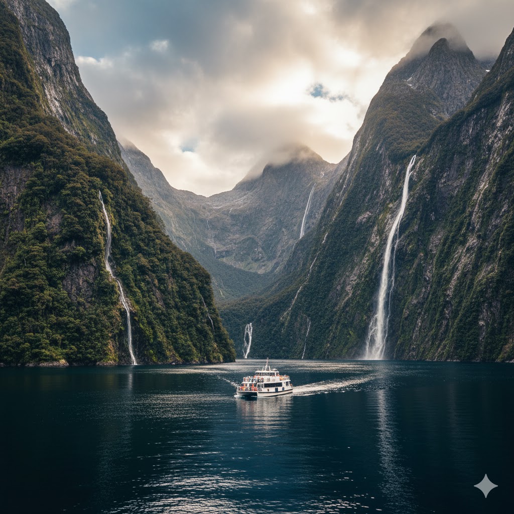 Milford Sound cruise among towering cliffs, New Zealand