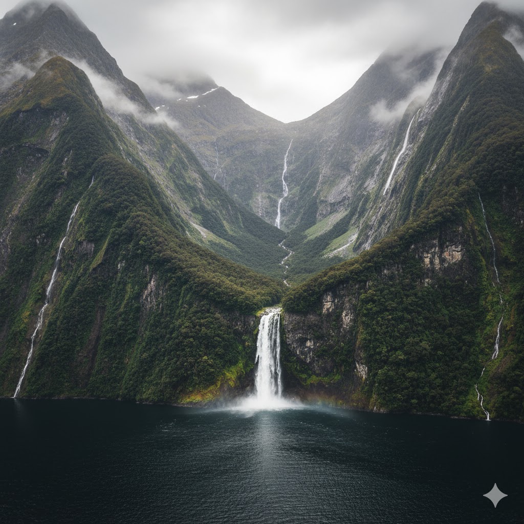Milford Sound fjord in Fiordland National Park with waterfalls and lush mountains.