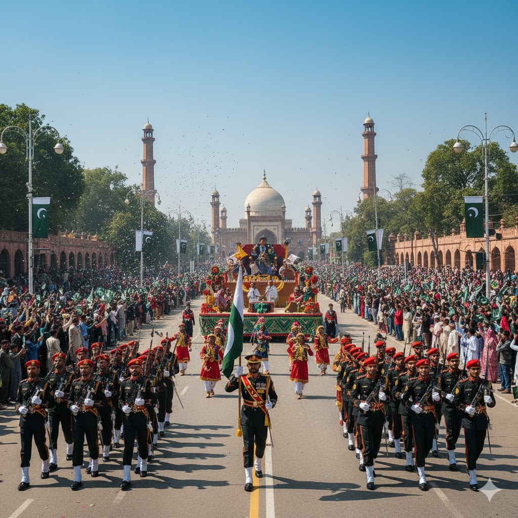 Military and cultural parade at Pakistan Day celebrations in Lahore, Punjab.