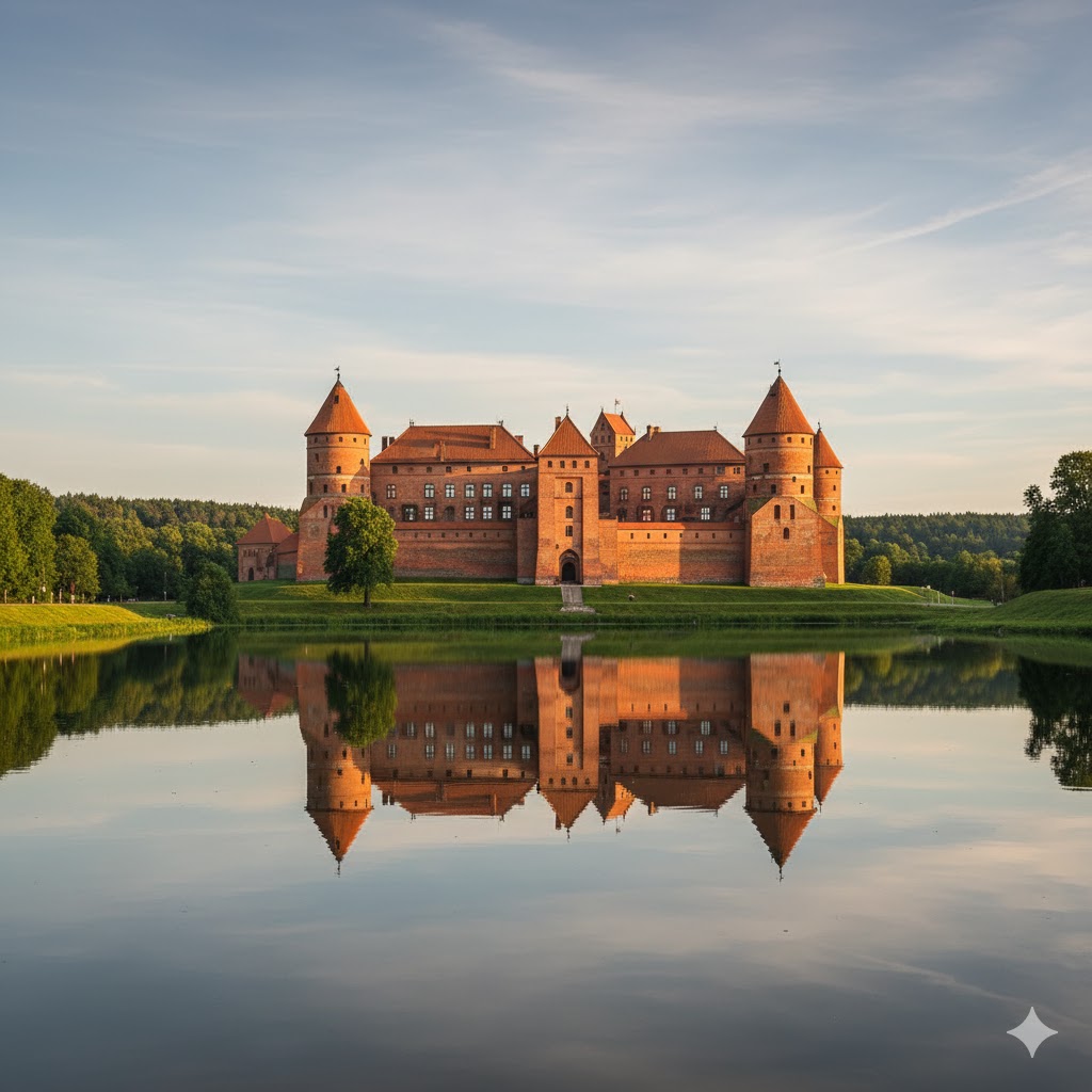 Mir Castle reflection in lake, Belarus