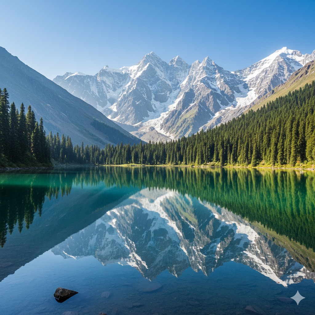 Mirror-like Rama Lake reflecting snow-covered peaks and pine forests near Astore. Mirror-like Rama Lake reflecting snow-covered peaks and pine forests near Astore.