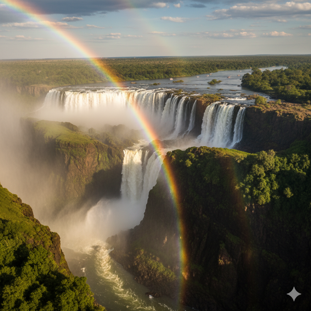 Mist and rainbow over Victoria Falls gorge