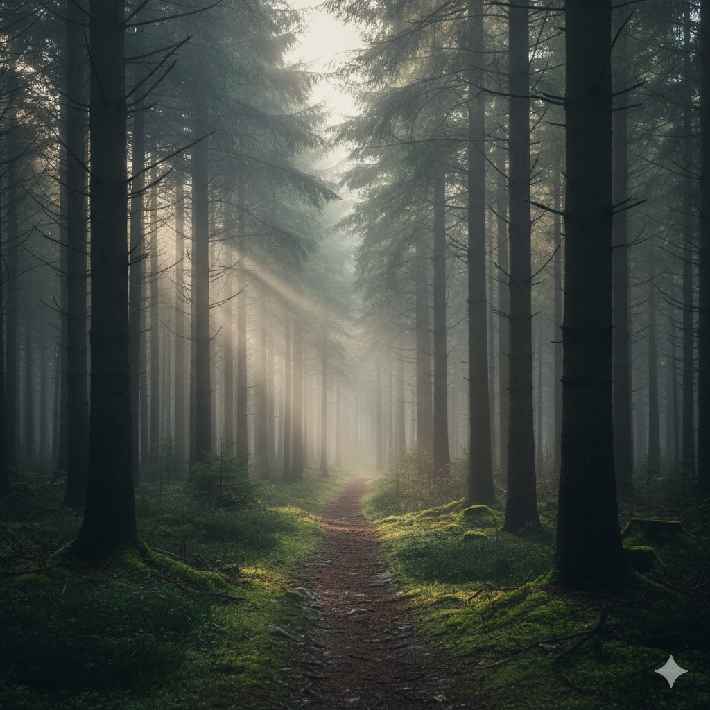 Mist-covered pine trees and a winding trail through Germany’s Black Forest. 
