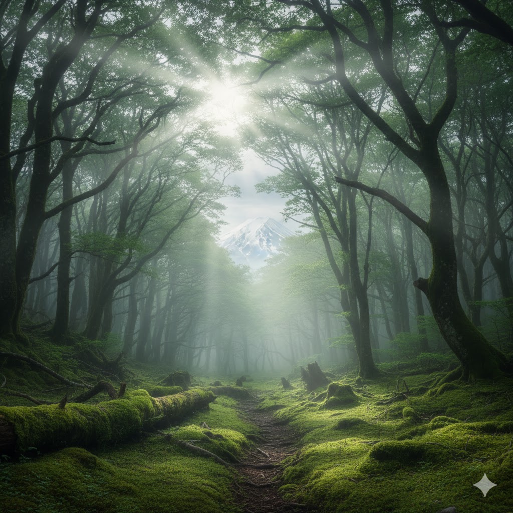 Misty morning in Aokigahara Forest, with sunlight filtering through thick mossy trees near Mount Fuji. 
