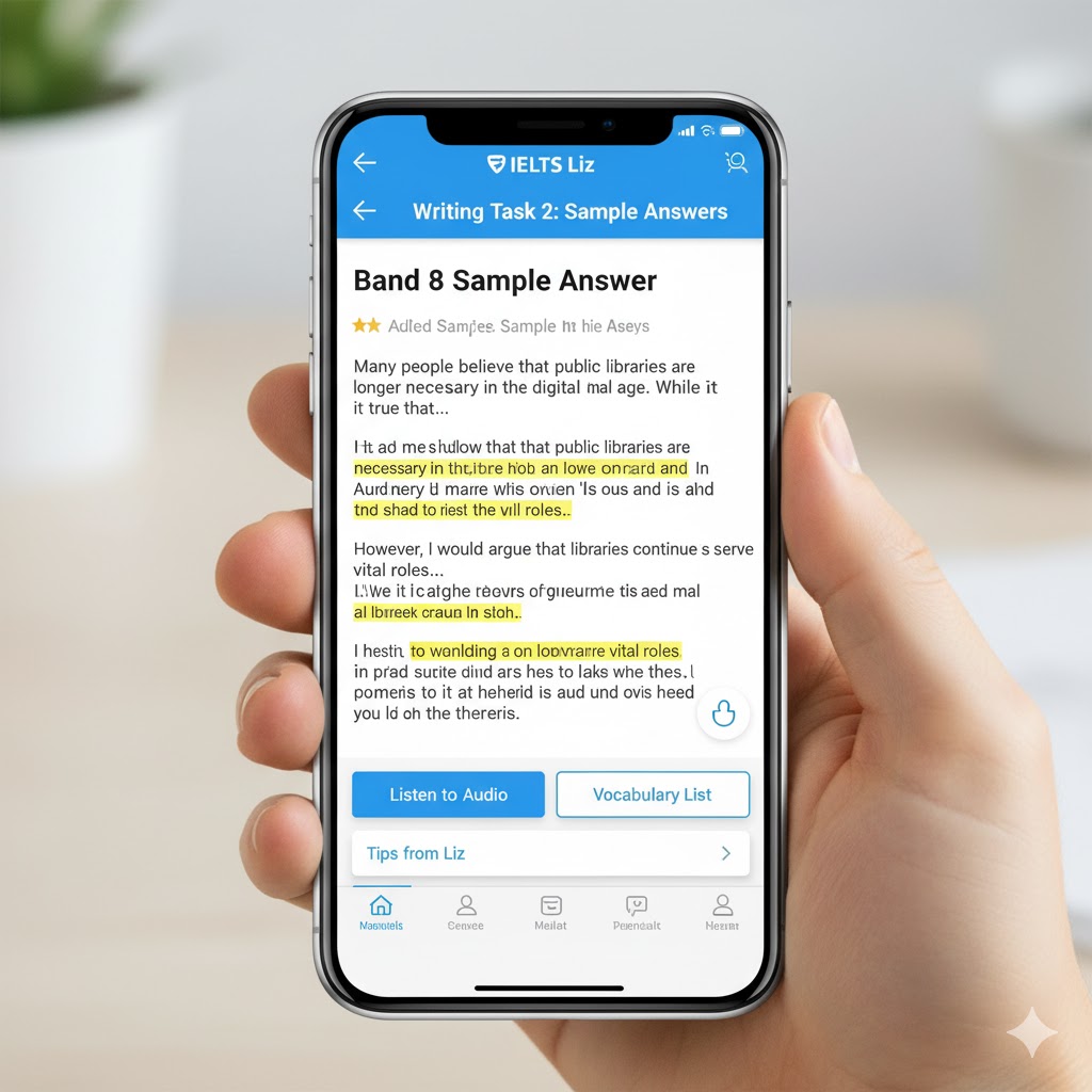 Mobile view of IELTS Liz app showing Band 8 sample answers for Writing Task 2