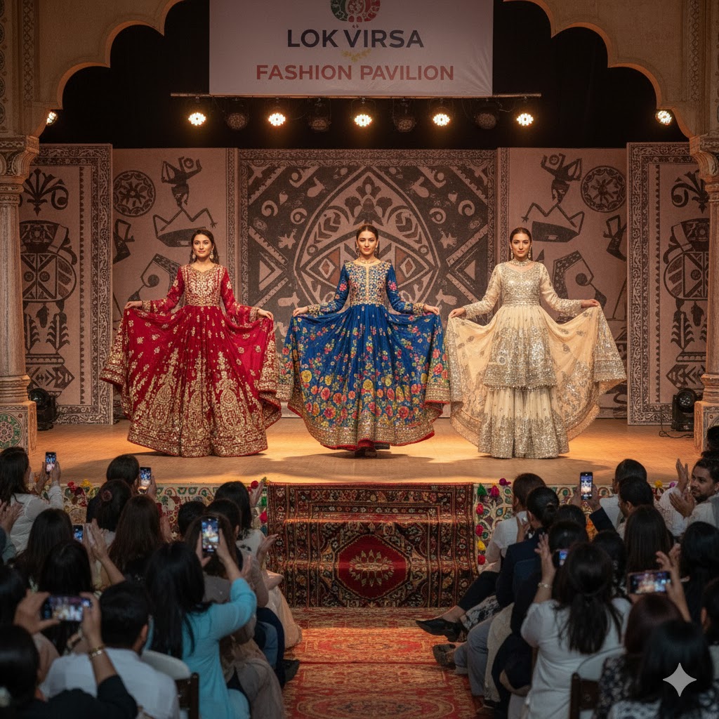 Models wearing traditional Pakistani dresses at Lok Virsa fashion pavilion stage with folk art backdrop and cheering audience.