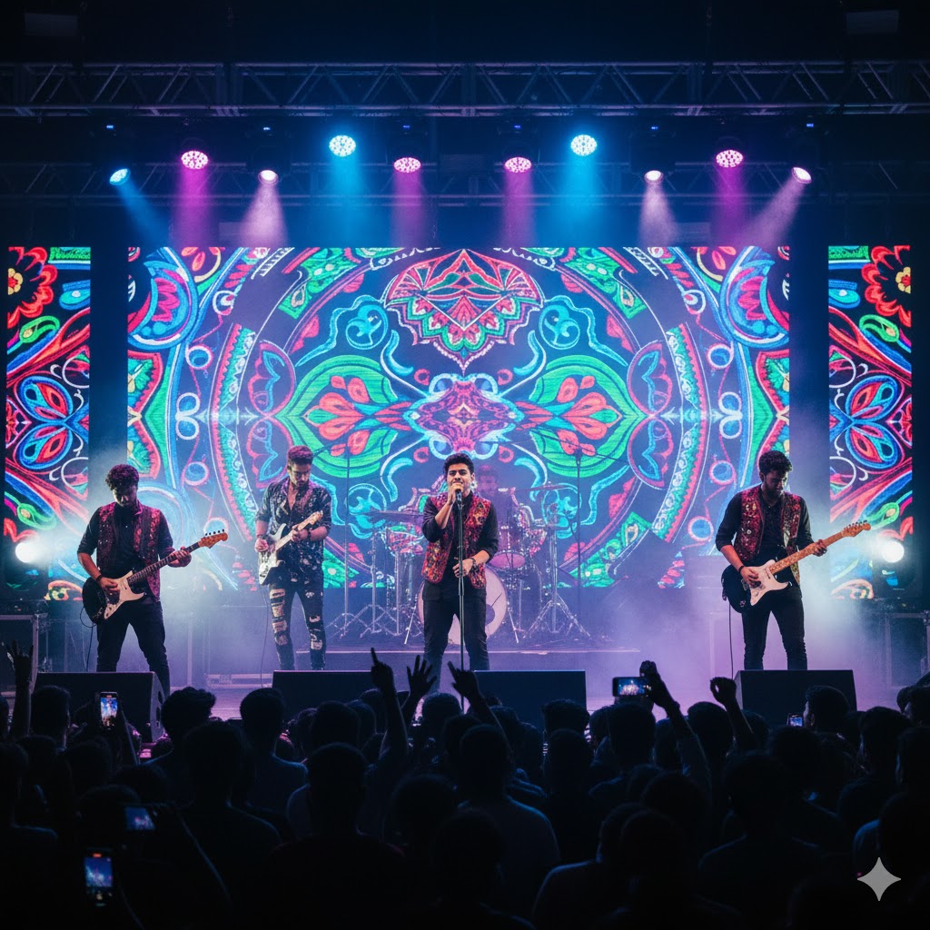 Modern Pakistani band performing live with neon lighting and traditional motifs projected behind them. Modern Pakistani band performing live with neon lighting and traditional motifs projected behind them.