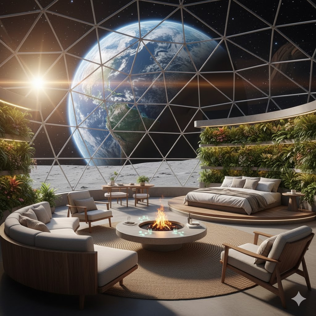 Modern eco-luxury interior of lunar dome with sustainable furnishings