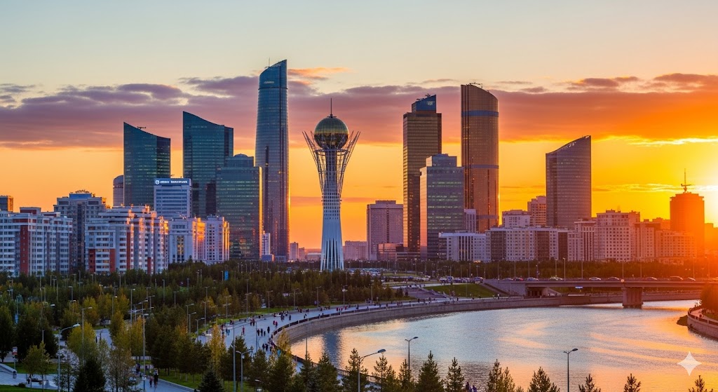 Modern skyline of Astana with Bayterek Tower against sunset sky, Kazakhstan