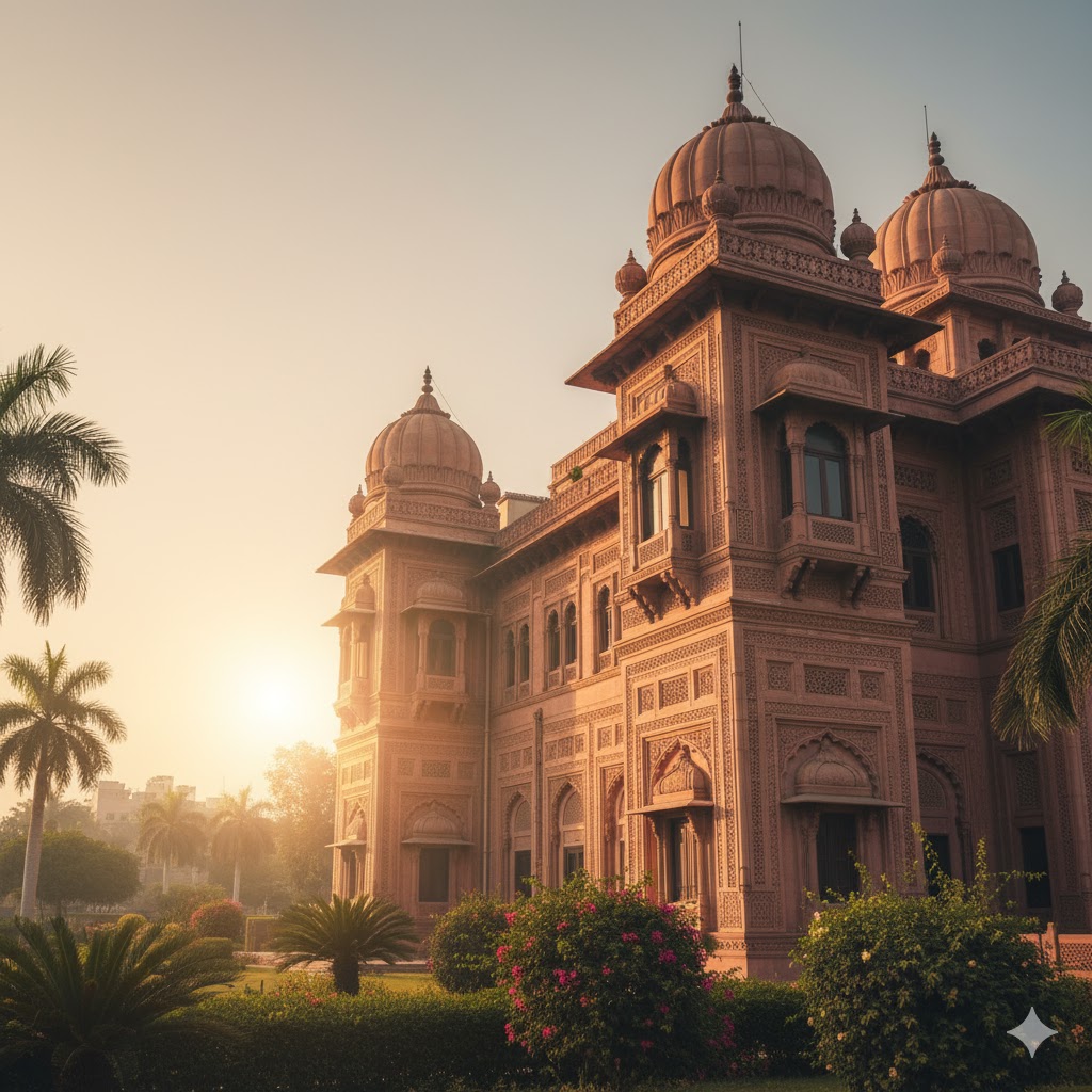 Mohatta Palace Karachi in golden light showcasing domes and stone carvings