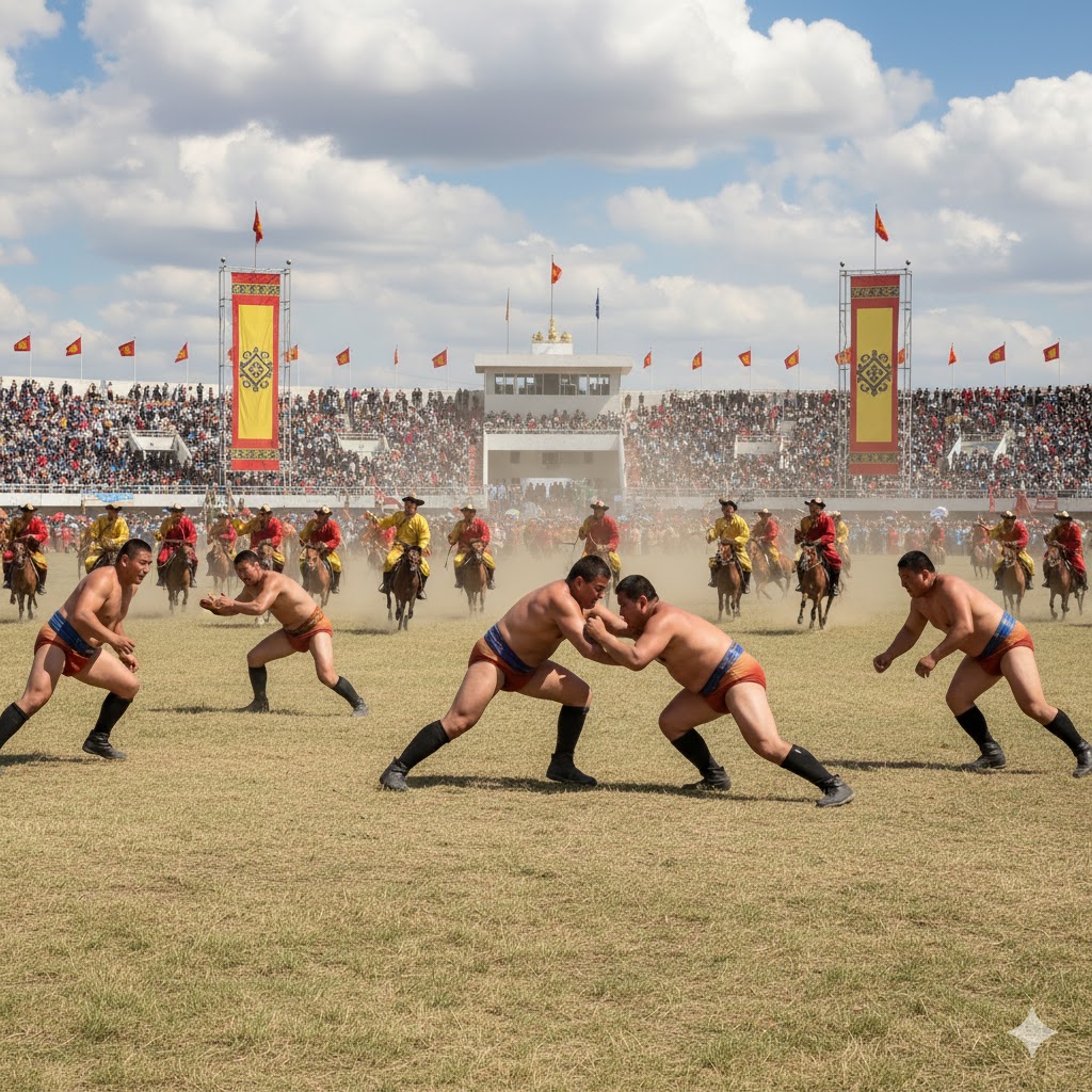 Mongolian wrestlers and horse riders performing during Naadam opening ceremony