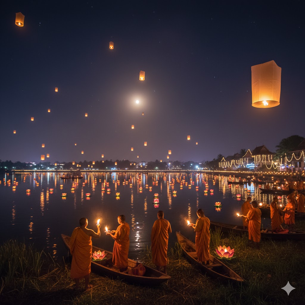 Monks lighting floating lanterns on a lake during Vesak night in Sri Lanka