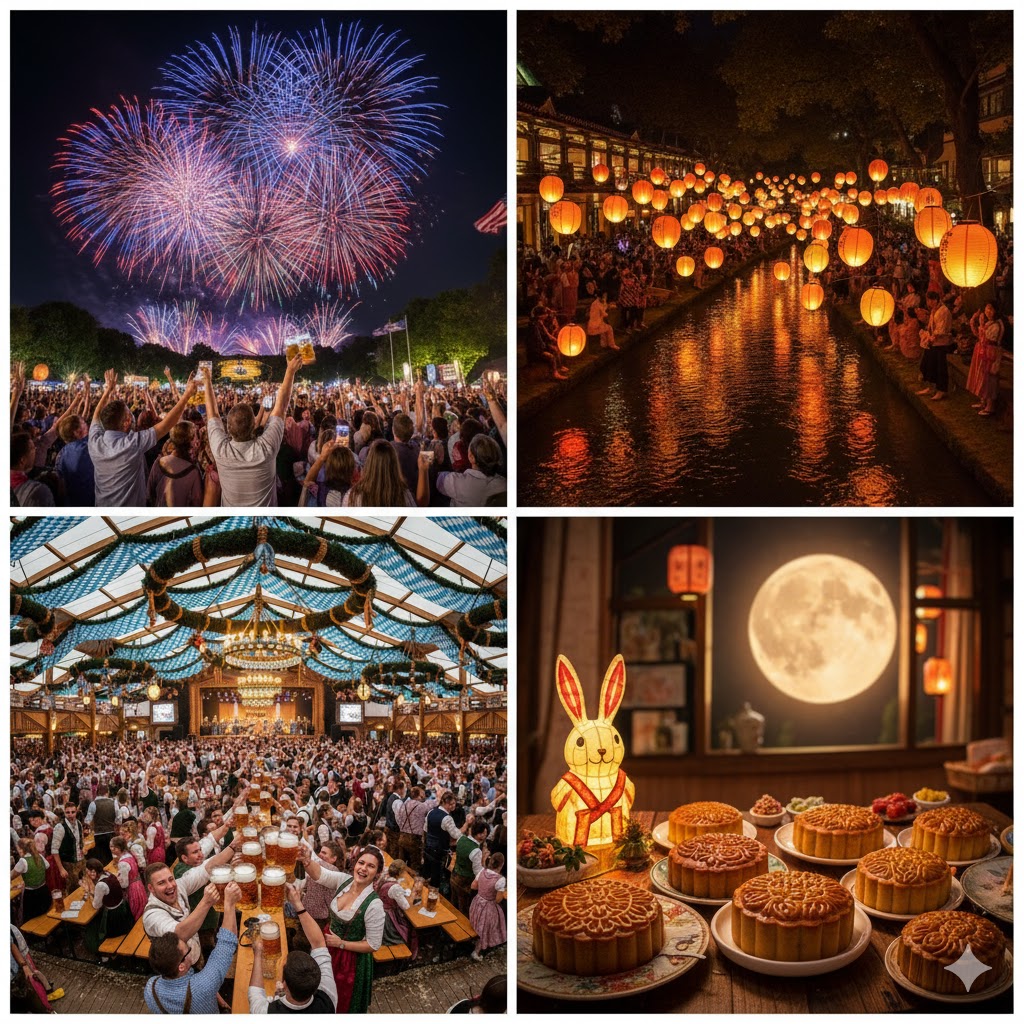 Montage of Independence Day fireworks, Obon lanterns, Oktoberfest beer tents, and Mid-Autumn mooncakes