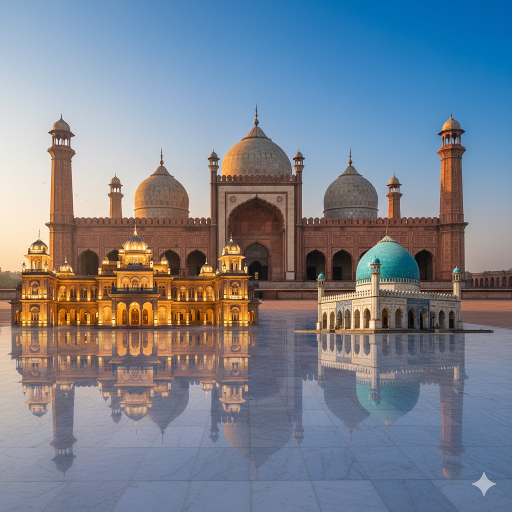 Montage of Punjab heritage sites — Badshahi Mosque, Noor Mahal, and Shah Rukn-e-Alam Shrine