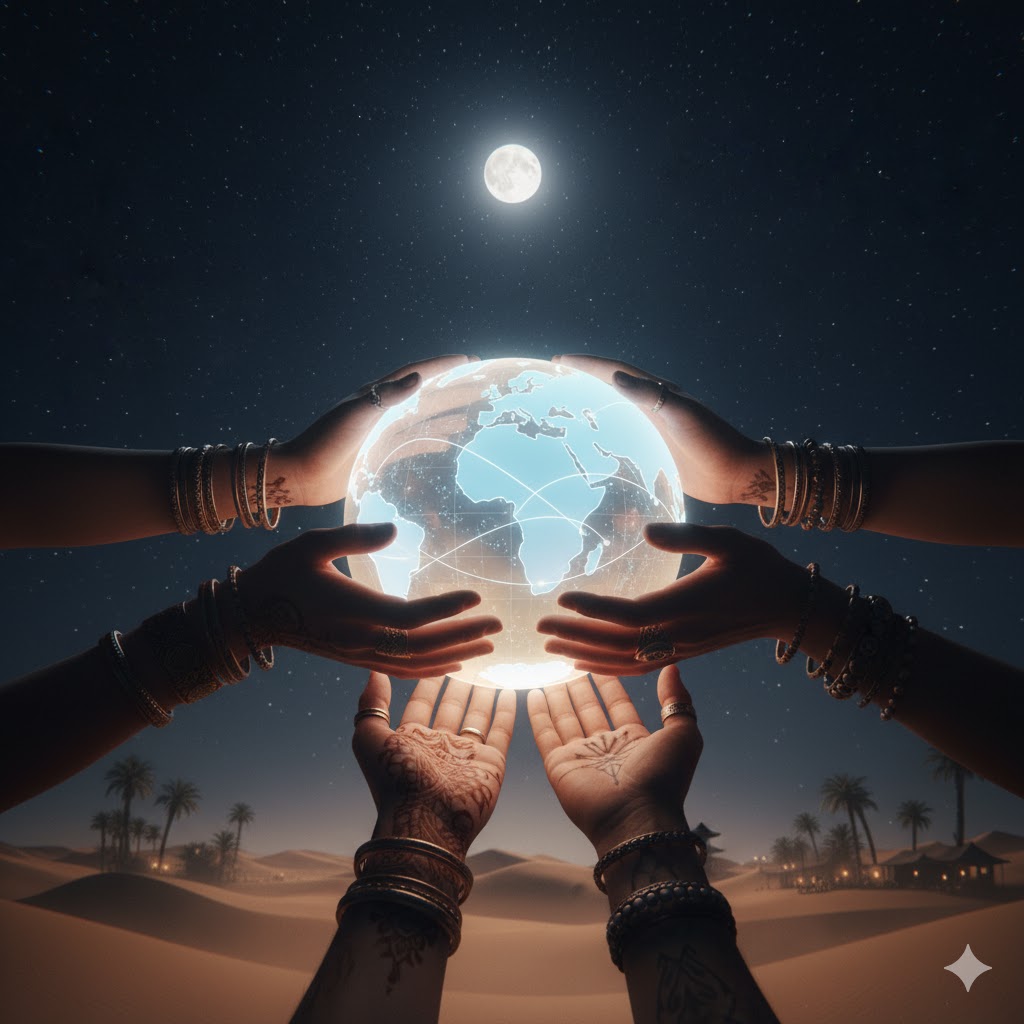 Montage of hands from different cultures holding glowing globe under night sky